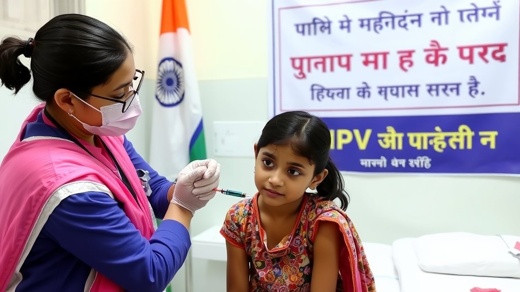 A photo of a healthcare worker administering the HPV vaccine to a young girl in a hospital setting, with a subtle background of a Indian flag and a banner with the words "HPV Vaccination Campaign" in Hindi.