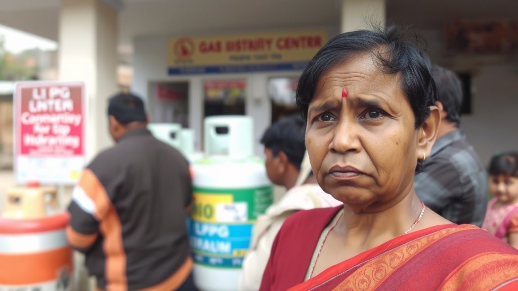 A photo of a person waiting in line to receive an LPG cylinder, with a concerned expression on their face, in front of a gas distribution center in Hyderabad.