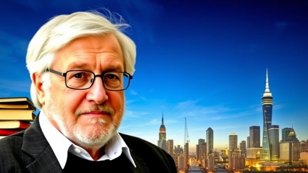 A photo of Jürgen Habermas with a background of books and a cityscape, symbolizing his influence on modern thought and society