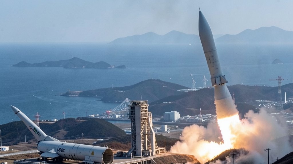 A detailed image of a ballistic missile launch from North Korea, with the Sea of Japan in the background, and a subtle hint of the US-South Korea joint military drills in the distance.
