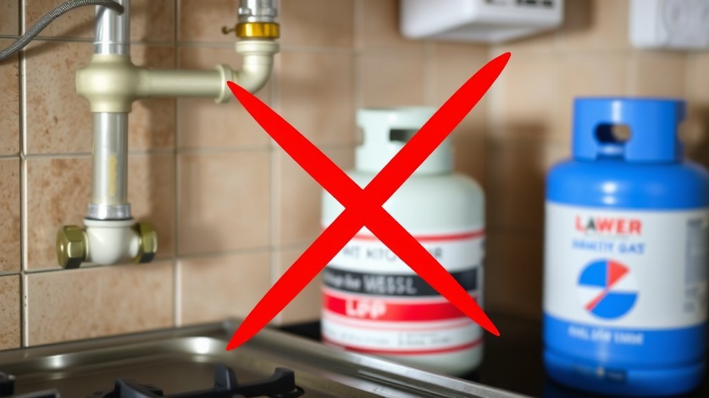a photo of a household kitchen with a piped gas connection and an LPG cylinder in the background, with a red "X" marked through the LPG cylinder