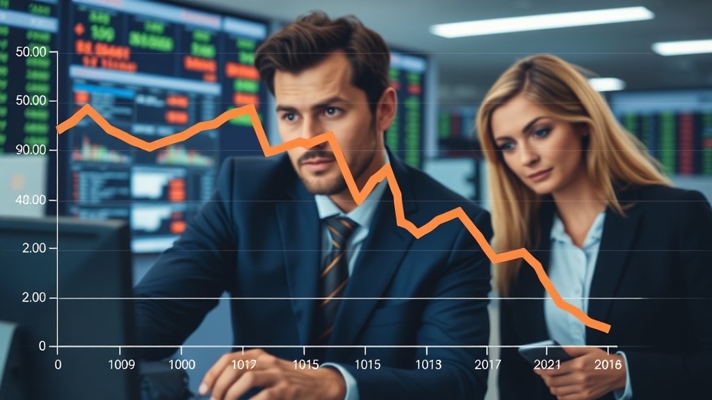 A graph showing the decline in stock market indices with a background image of a newsroom or a financial analyst looking at a screen with concerned expressions.