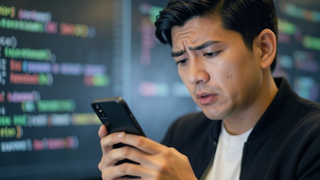 A person looking concerned while using their smartphone, with a blurred background of coding and encryption symbols.