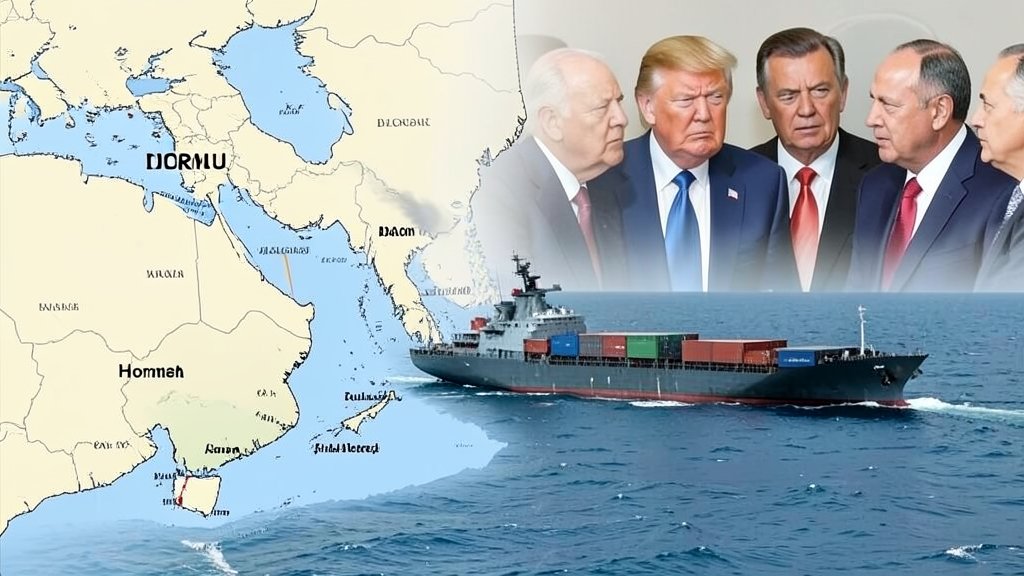 A map of the Hormuz Strait with a US Navy warship escorting a commercial ship, with a subtle background image of Donald Trump and Iranian leaders in a tense meeting