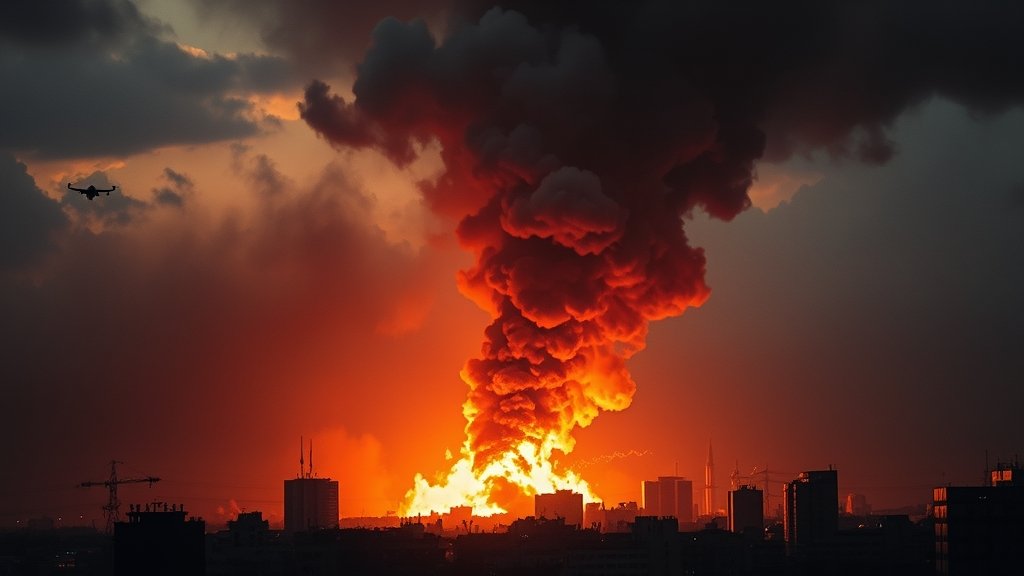 A dramatic image of a cityscape with smoke and flames rising in the background, with a subtle hint of a drone or missile in the sky, set against a dark and ominous tone.