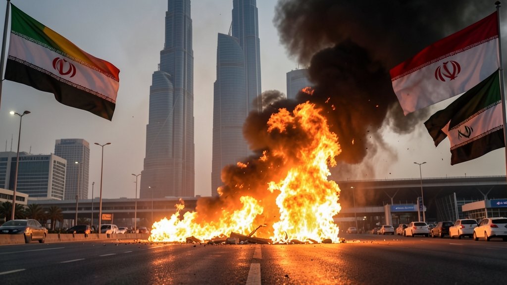 A dramatic image of a fire breaking out near Dubai airport with a subtle background of Iranian and UAE flags, symbolizing the rising tensions in the region.