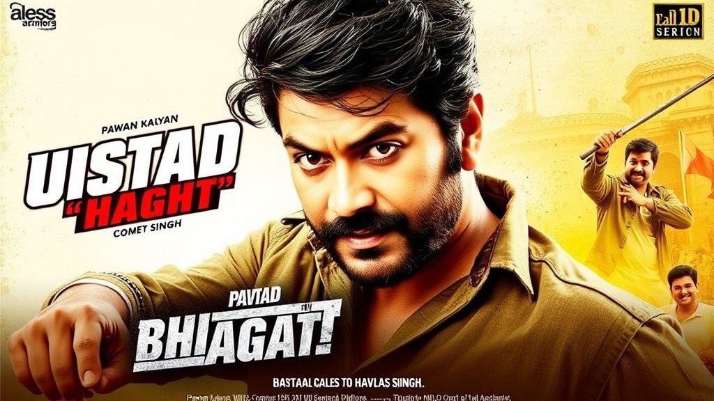 A poster of Pawan Kalyan in the movie Ustaad Bhagat Singh, with a bold and dynamic design, incorporating elements of action, drama, and comedy.