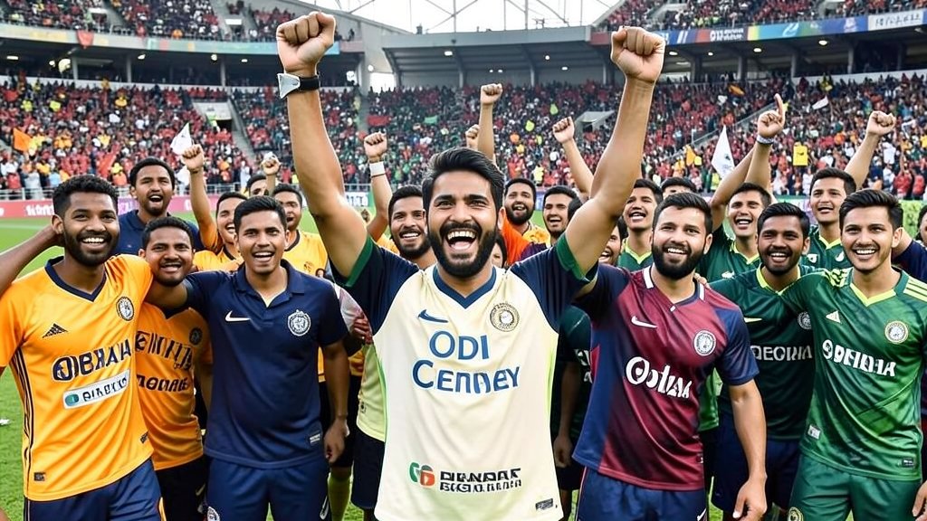 A photo of Tanzid celebrating his maiden ODI century, with a mix of Bangladesh and Pakistan players in the background, and a stadium full of excited fans.