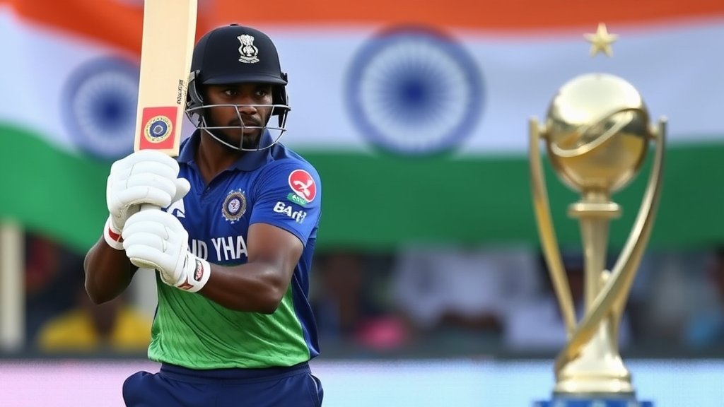 A photo of Sanju Samson batting in a T20 match with a determined expression, with the Indian flag and the Cricket World Cup trophy in the background.