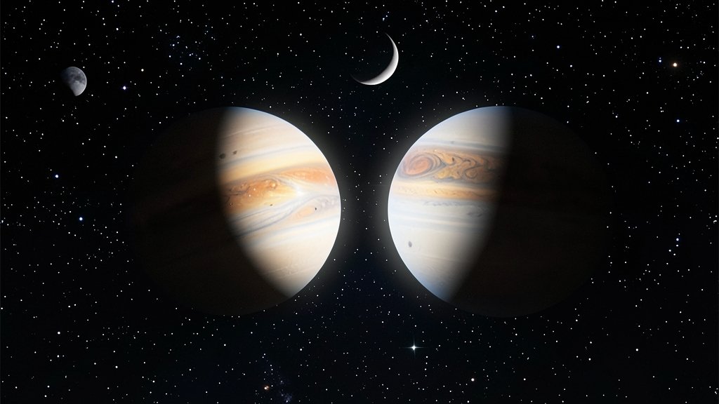 A high-resolution image of the Venus-Jupiter conjunction in the night sky, with the two planets shining brightly side by side, against a backdrop of stars and a crescent moon.