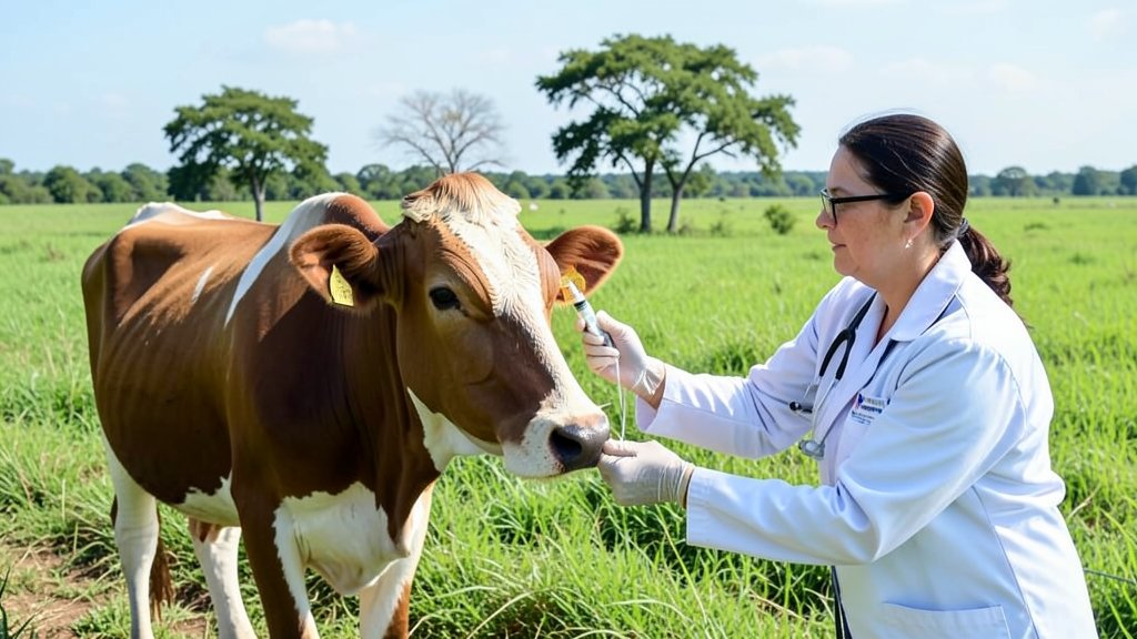 A photo of a veterinarian administering a vaccine to a cow in a rural setting, with a green landscape and a few trees in the background, symbolizing the launch of a statewide free FMD vaccination drive for cattle and buffaloes.