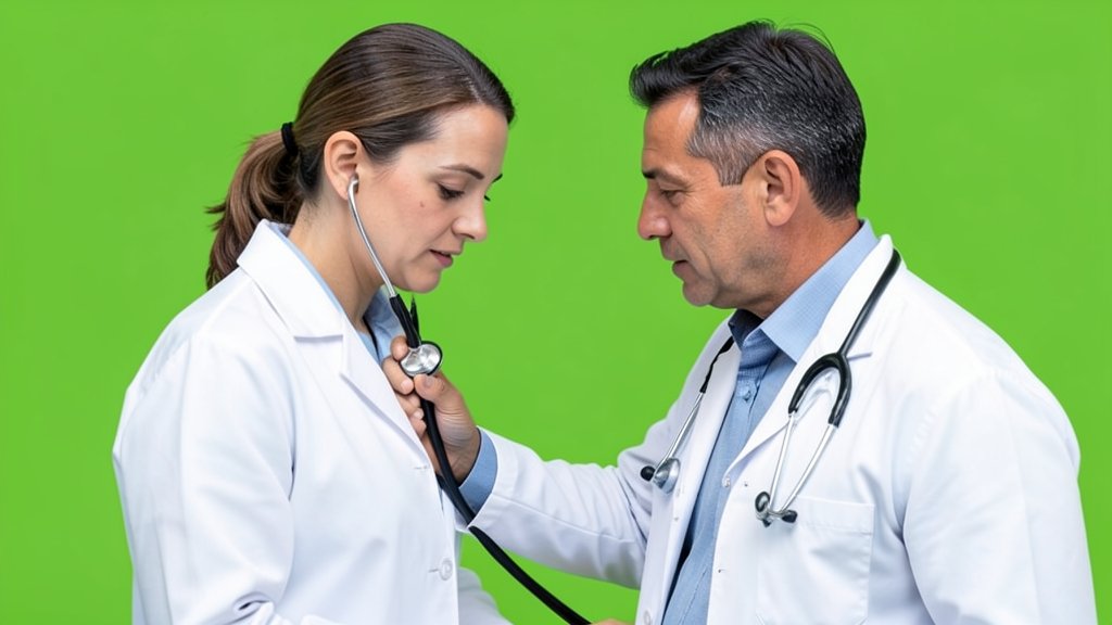 A photo of a doctor checking a patient's kidney function with a stethoscope, with a green background representing health and wellness.
