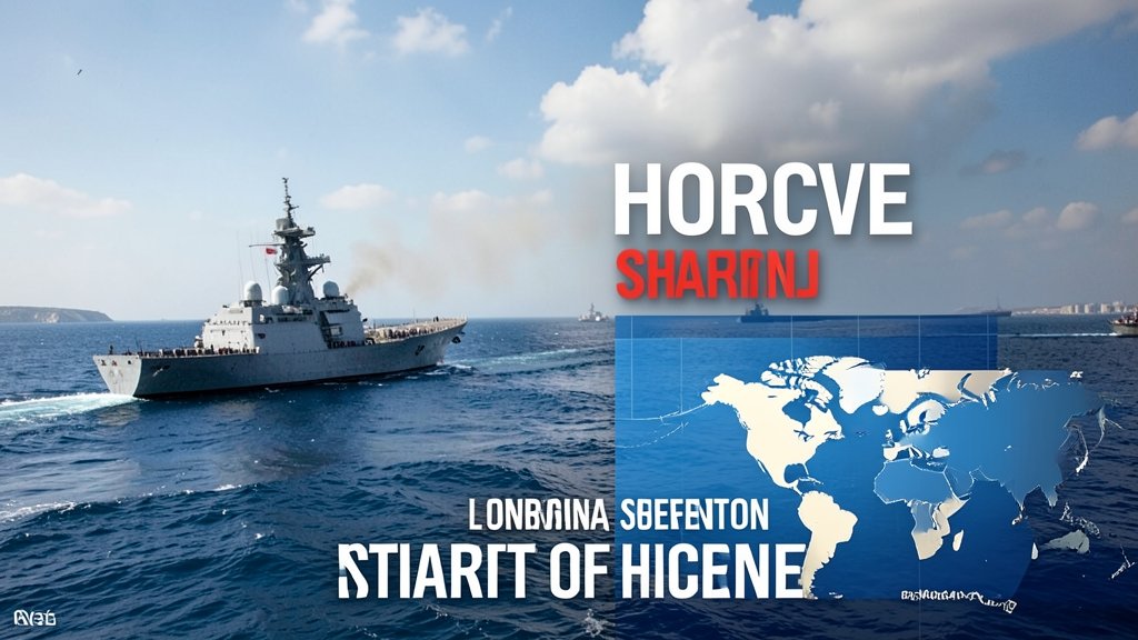 A photo of the Strait of Hormuz with a US warship in the background, and a graphic representation of the international tensions in the region