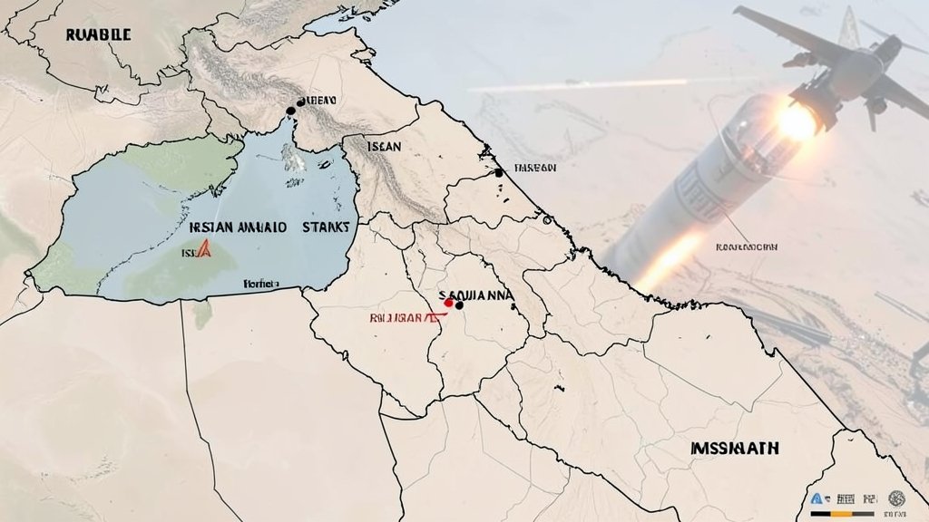 A detailed map of the Middle East with Iran, Saudi Arabia, and Israel highlighted, showing the locations of recent drone strikes and missile launches, with a subtle background image of a drone or a missile.