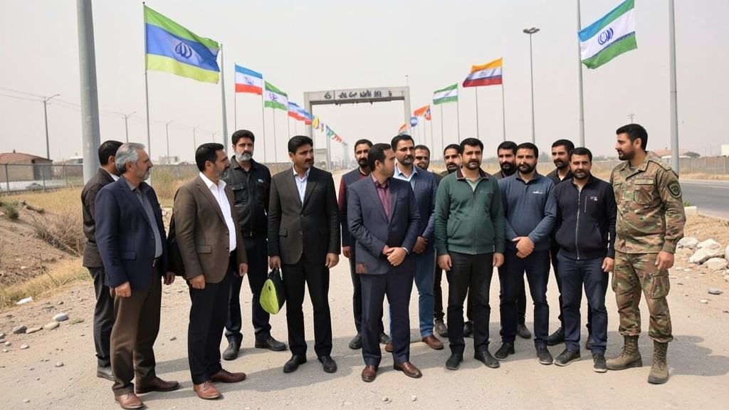 A group of Indian nationals standing near a border crossing, with a subtle background of Armenian or Azeri flags, symbolizing their evacuation from Iran amidst regional tensions.