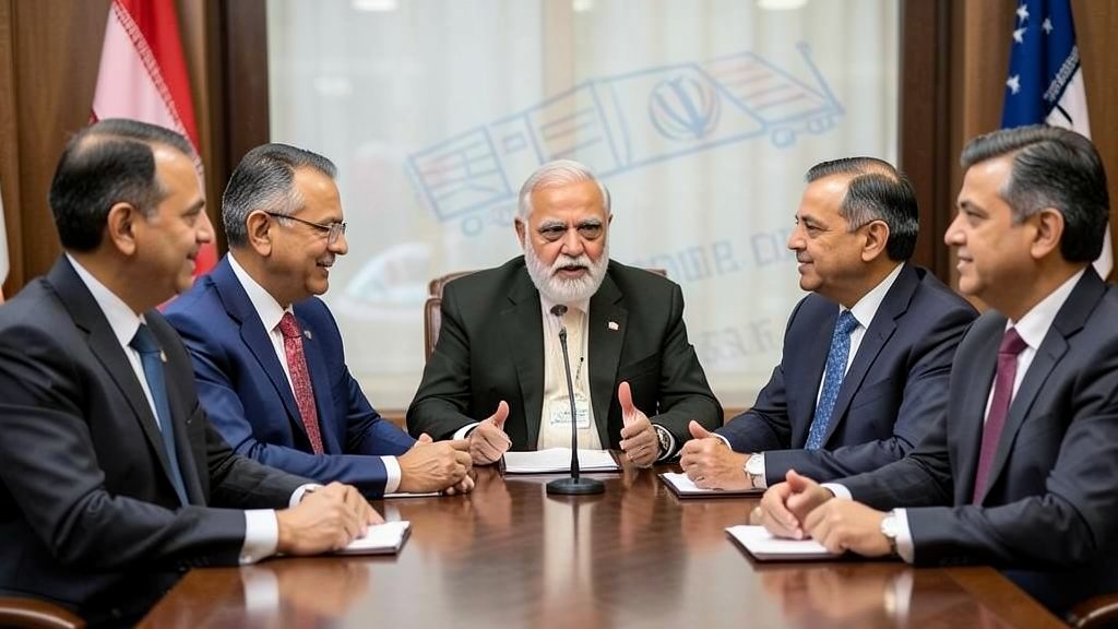 An image of Indian Prime Minister Narendra Modi meeting with Iranian and American leaders, with a subtle background hinting at economic and political tensions.