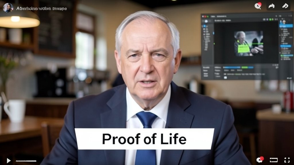 A screenshot of Netanyahu's video with a caption "Proof of Life" and a subtle background image of a coffee shop, with a faint hint of a computer screen displaying AI-generated video detection software.