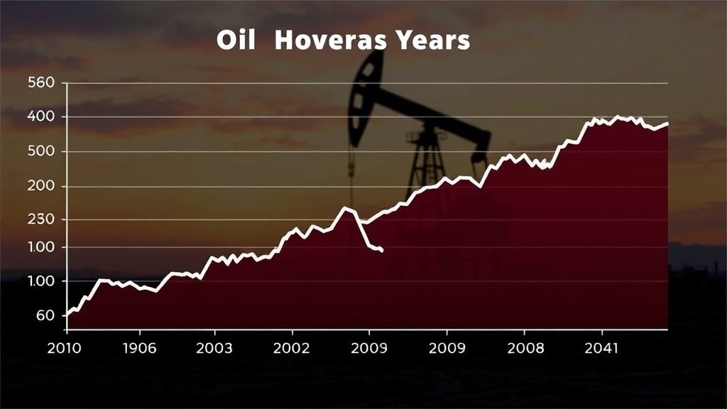 A graph showing the fluctuation of crude oil prices over the past year, with a background image of an oil rig or a refinery.
