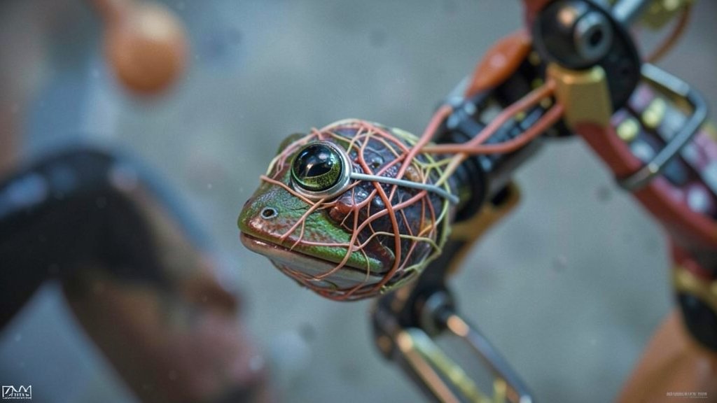 A microscopic image of a frog cell neurobot with a self-organized nervous system, with a subtle background of a robotic limb or a biological system.