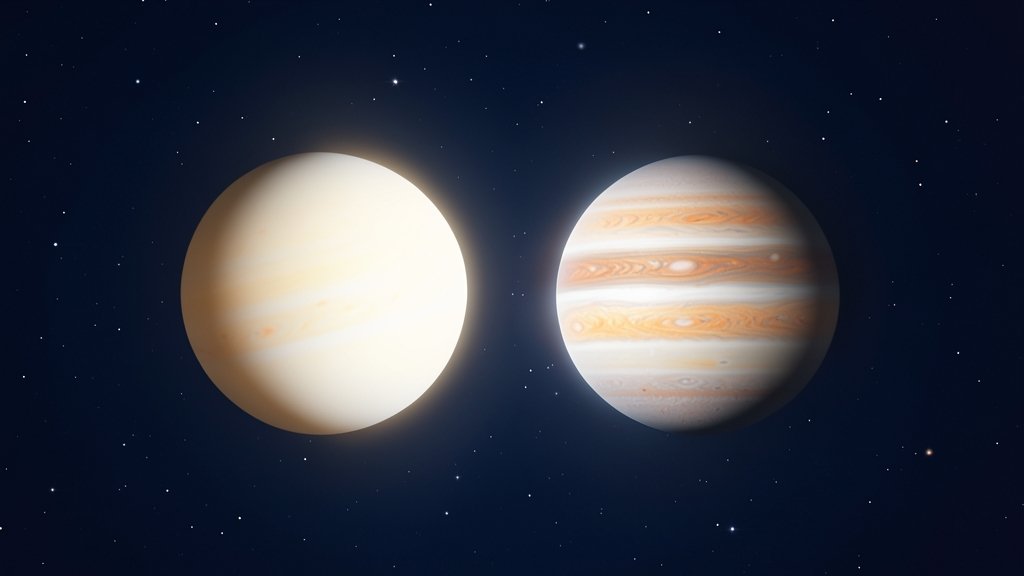 A high-resolution image of the night sky with Venus and Jupiter aligned side by side, with a dark blue background and a few stars visible, and a subtle glow around the planets to represent their brightness.