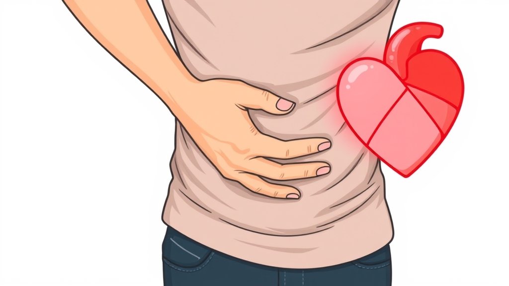 A realistic illustration of a person holding their stomach in discomfort, with a subtle background image of a heart, symbolizing the connection between digestive health and heart health.