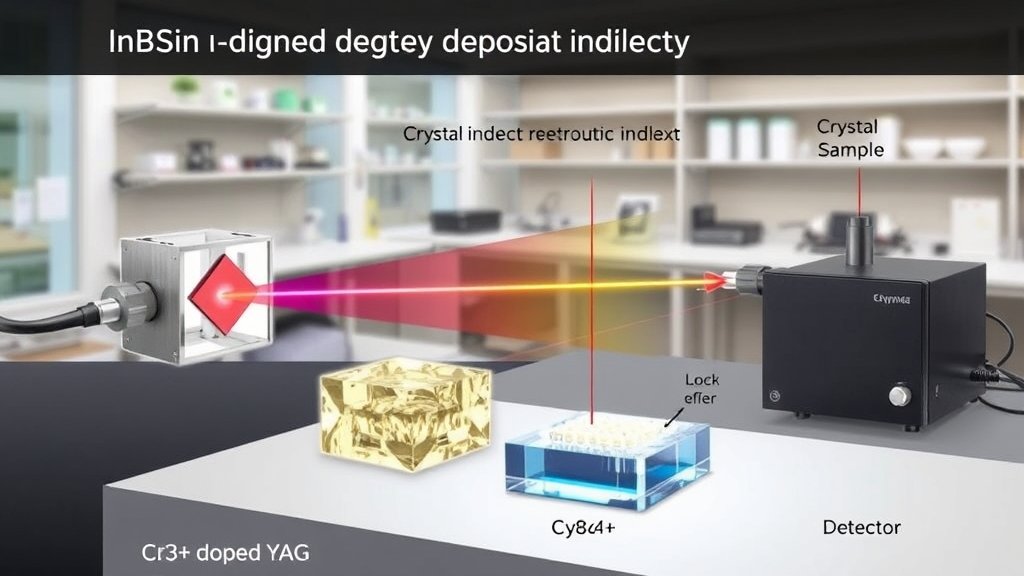 A detailed illustration of a Cr3+-doped YAG crystal with an electronic refractive index measurement setup, including a laser source, a crystal sample, and a detector, with a background of a research laboratory.