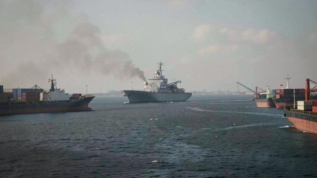 A photo of the Strait of Hormuz with a US Navy ship in the background, surrounded by oil tankers and cargo ships, with a subtle hint of tension in the atmosphere.