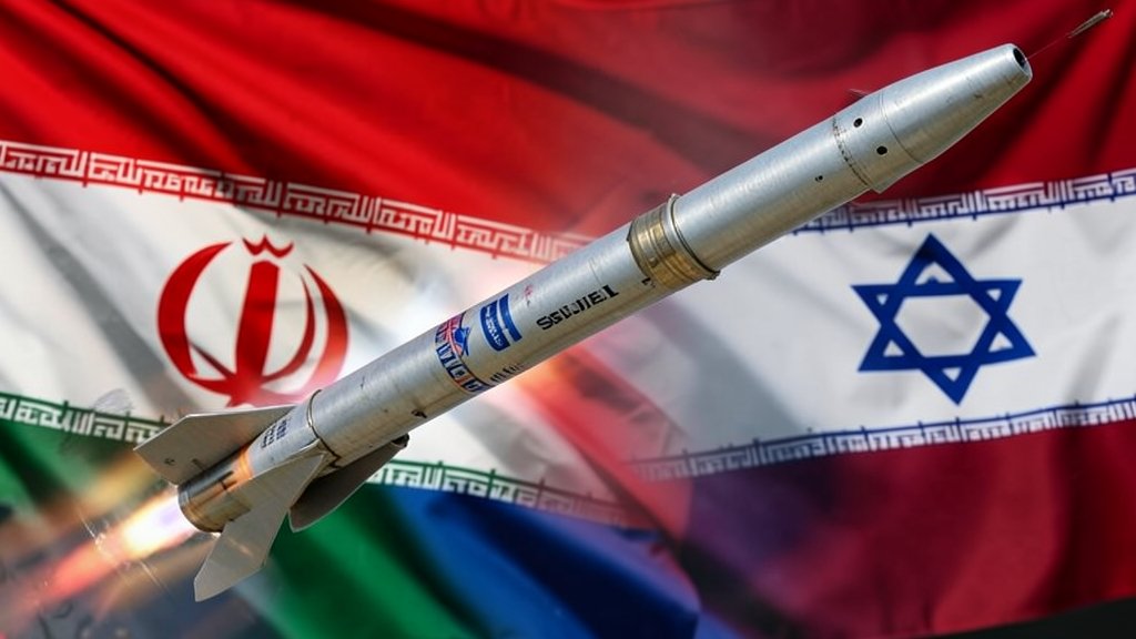 A detailed image of the Sejjil missile in flight, with a background of Iranian and Israeli flags, symbolizing the conflict between the two nations.