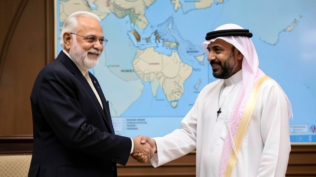 A photo of PM Modi and the UAE President shaking hands, with a map of the Strait of Hormuz in the background