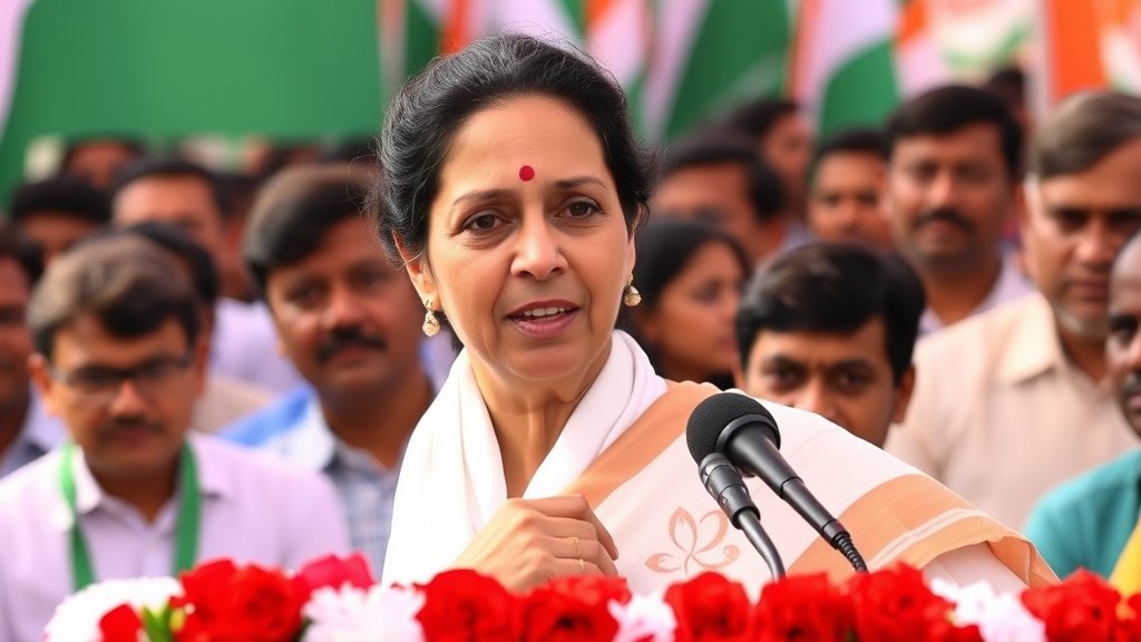 A photo of Mamata Banerjee announcing the list of Trinamool Congress candidates for the West Bengal Assembly elections, with a confident expression and a crowd of supporters in the background.
