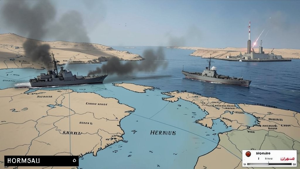 A map of the Hormuz Strait with a US military ship and an Iranian missile site in the background, with a subtle hint of tension in the atmosphere