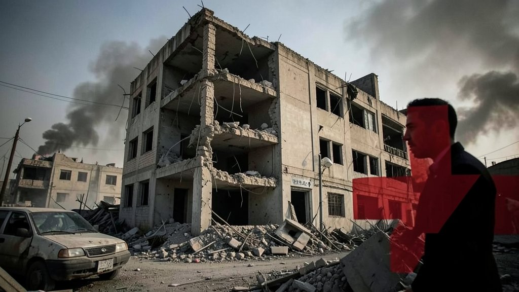 A dramatic image of a damaged building in Kabul, Afghanistan, with a red cross symbol in the foreground, symbolizing the humanitarian crisis and conflict in the region.