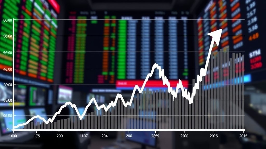A graph showing the rise in stock market indices with a background image of a stock exchange floor
