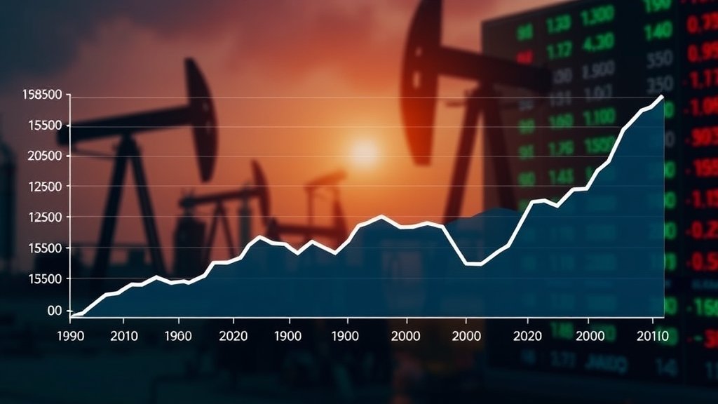 A graph showing the fluctuation of oil prices over the past year, with a background image of an oil refinery or a stock market screen.