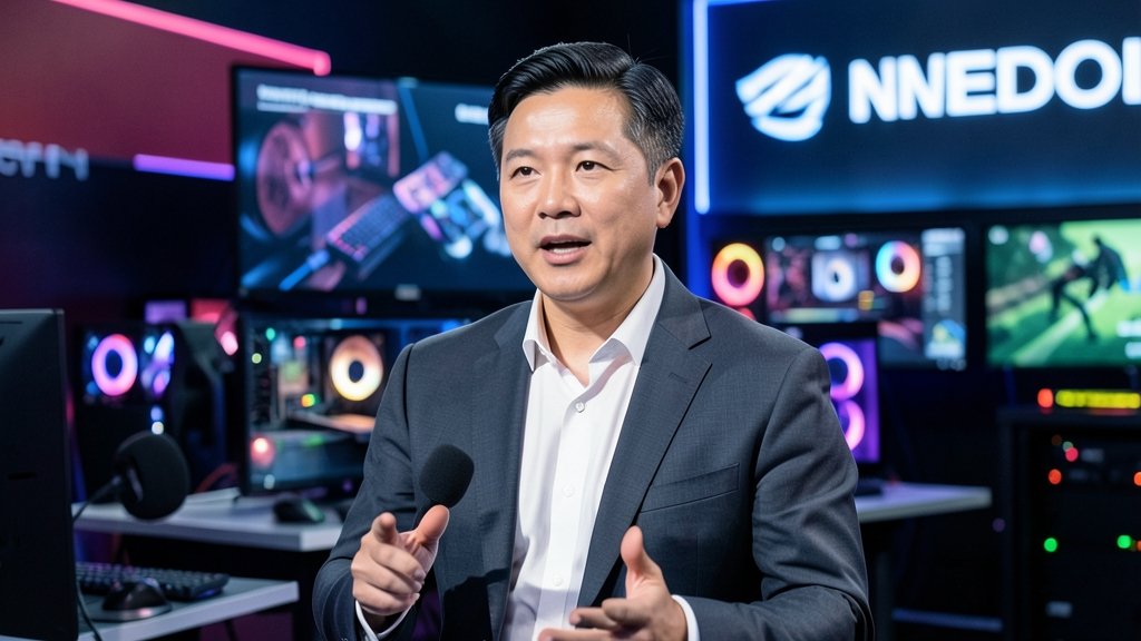 A high-quality image of Nvidia's CEO Jensen Huang speaking at a tech conference, with a background of advanced graphics and gaming equipment