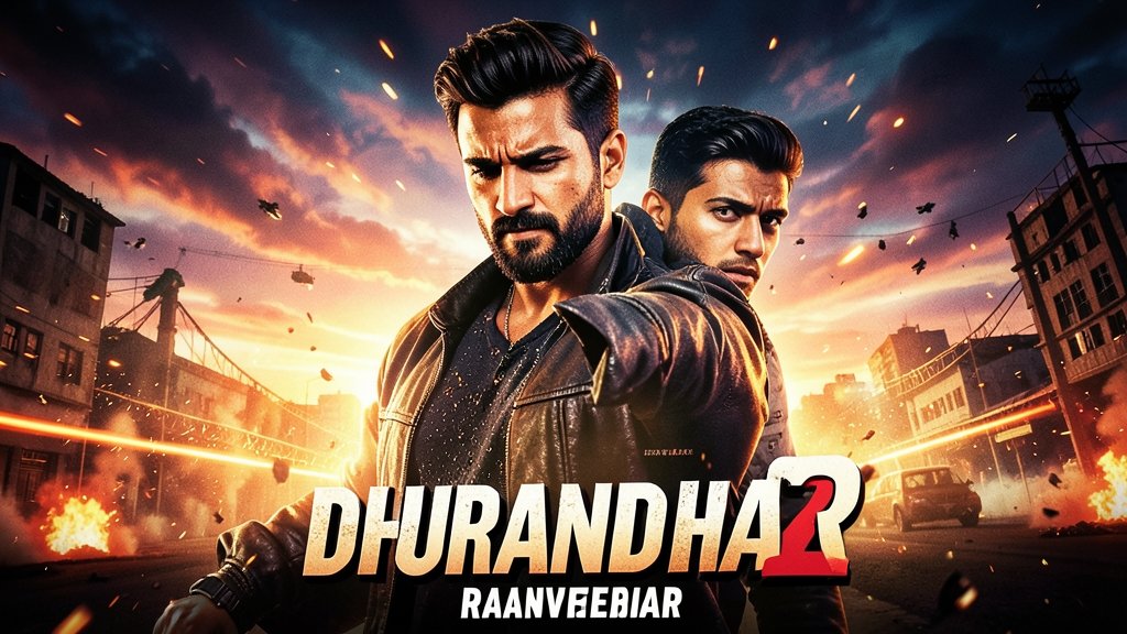 A movie poster of Dhurandhar 2 with Ranveer Singh in the lead role, with a bold and action-packed background