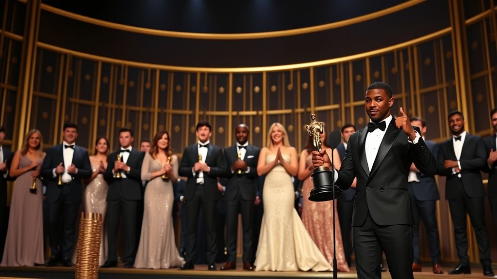 A photo of the Oscars 2026 stage with the winners holding their awards, with a focus on the Best Picture winner "One Battle After Another" and Michael B Jordan holding his Best Actor award.