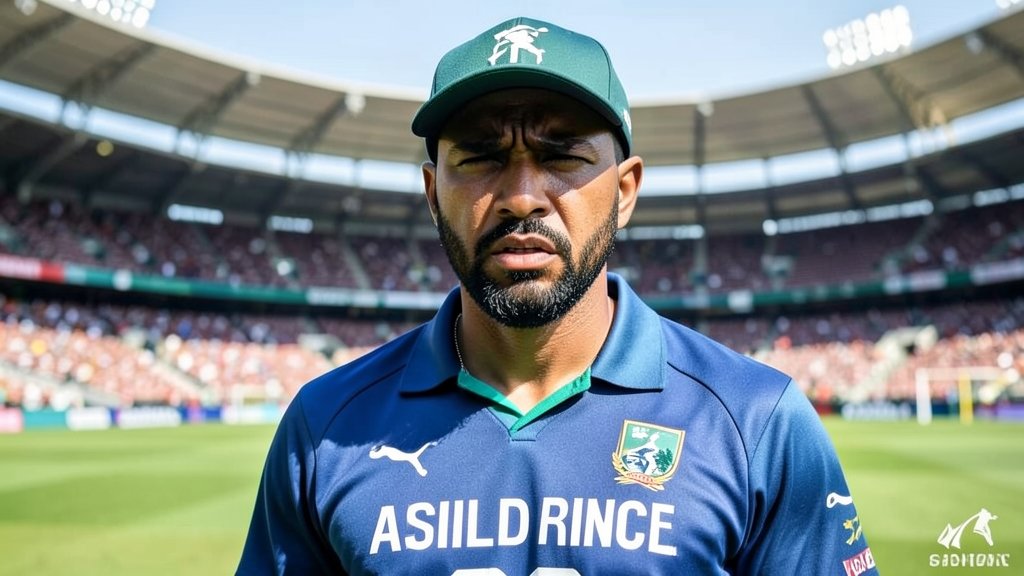 A photo of Ashwell Prince looking disappointed or frustrated on the field, with a cricket stadium in the background, highlighting the theme of South Africa's defeat in the Hamilton T20I match.