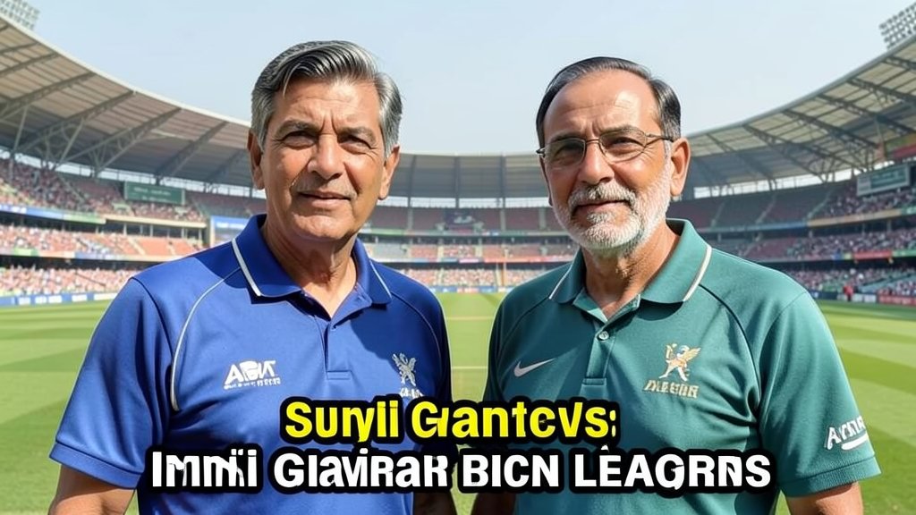 A photo of Sunil Gavaskar and Abrar Ahmed with a cricket stadium in the background, highlighting the controversy surrounding the signing of Pakistani players in Indian cricket leagues