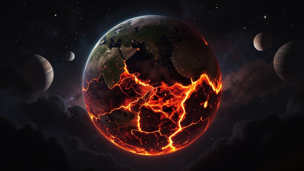 An illustration of a molten super-Earth with a vast magma ocean, surrounded by a dark and ominous atmosphere, with a few stars and planets in the background.
