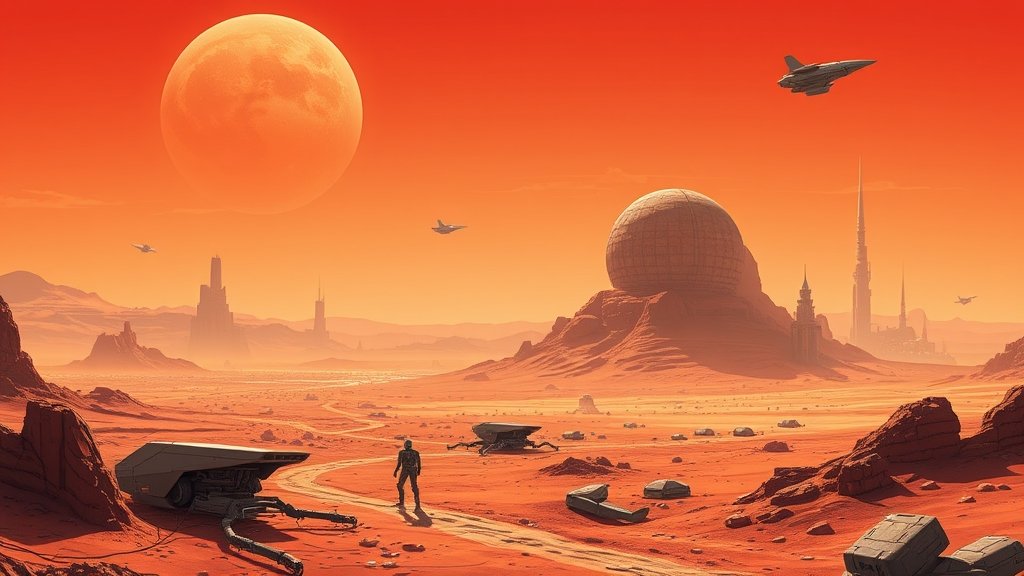 A futuristic illustration of a human settlement on Mars with robots and spacecraft in the background, under a bright red sky.