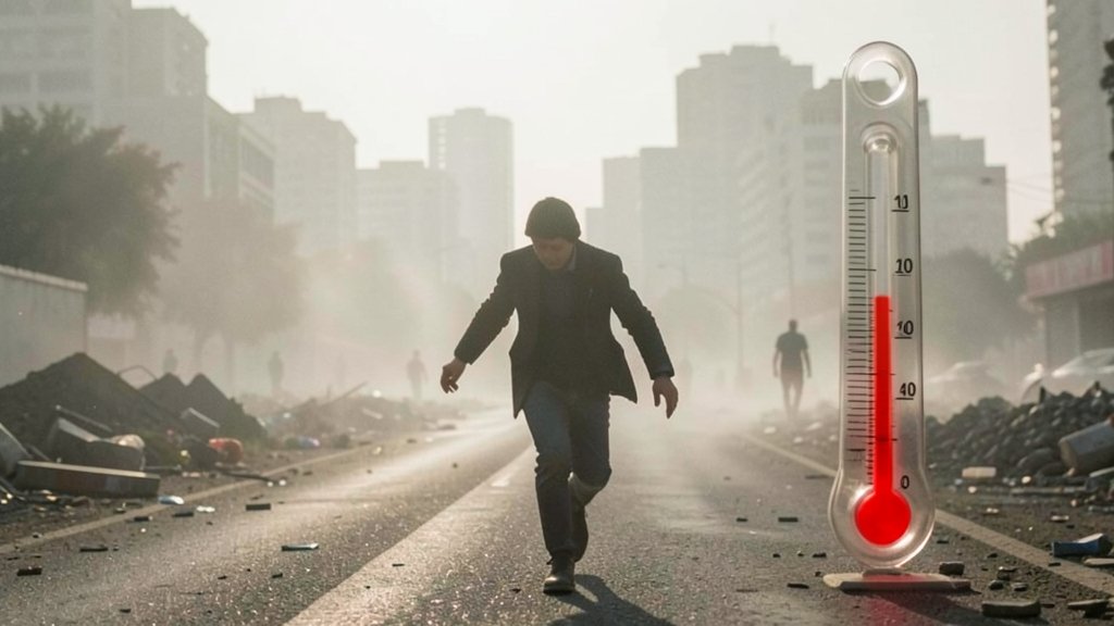 An image of a person struggling to walk in extreme heat, with a cityscape in the background and a thermometer showing high temperatures.