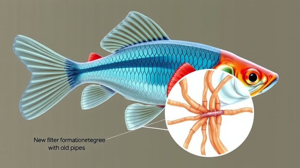 An illustration of a zebrafish with a magnified view of its kidney, showing the process of new filter formation and integration with old pipes.