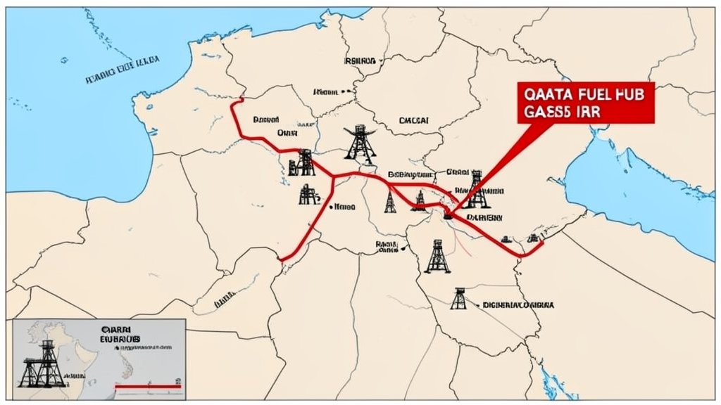 A map of the Middle East with oil rigs and pipelines highlighted, with a red flag indicating the location of the Iran gas field and the Qatar fuel hub.