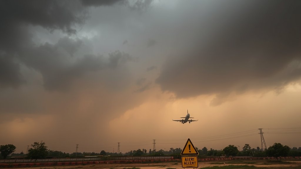 A dramatic photo of a dust storm hitting Delhi-NCR, with dark clouds and strong winds, and a plane flying in the background, with a yellow alert sign on the ground