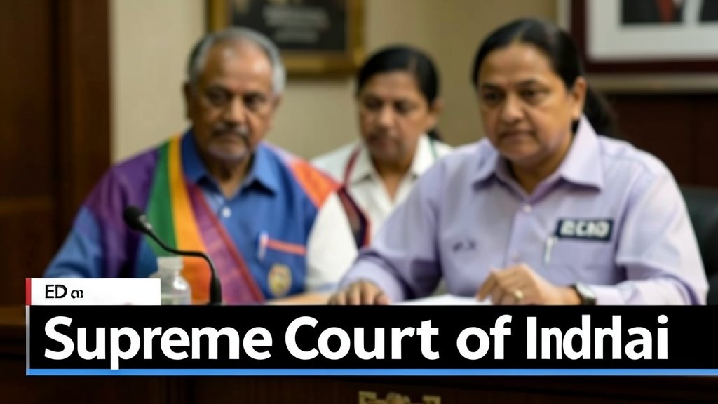 A photo of the Supreme Court of India with a caption "Supreme Court of India" in the foreground, and a blurred image of Mamata Banerjee and ED officials in the background, symbolizing the ongoing legal battle between the West Bengal government and the ED.