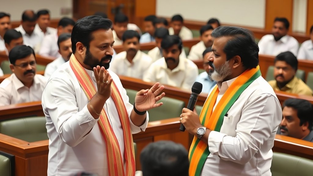 A photo of KCR and Revanth Reddy in a heated discussion during a Telangana assembly session