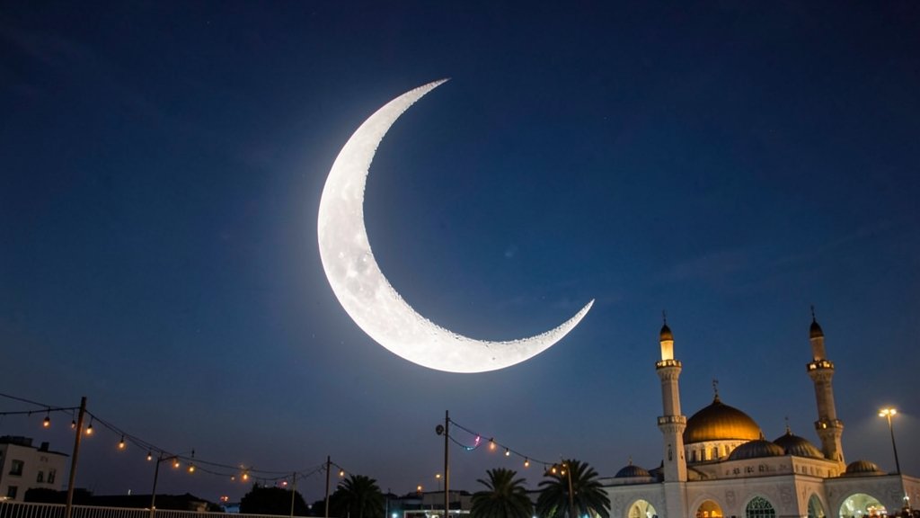 A photo of a crescent moon in the sky with a mosque in the background, symbolizing the start of Eid ul-Fitr celebrations
