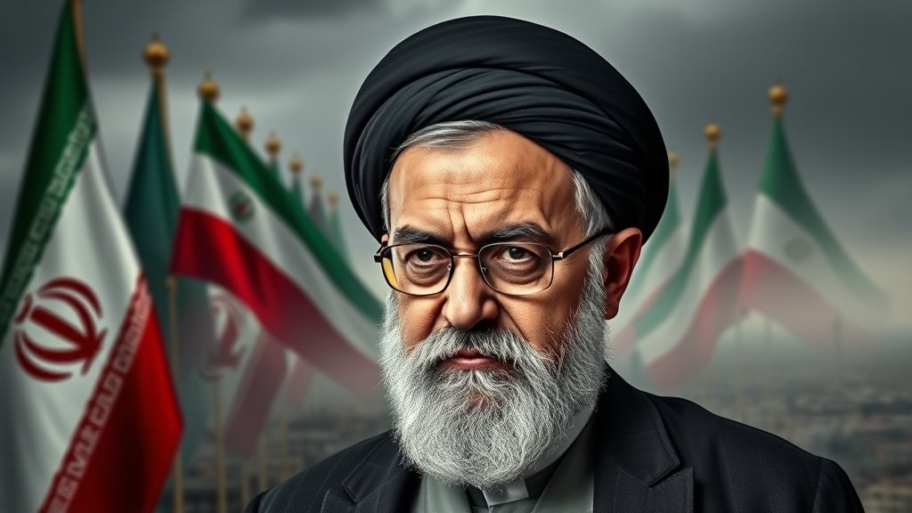 A photo of Mojtaba Khamenei with a serious expression, with a background of Iranian flags and a subtle hint of a war-torn cityscape