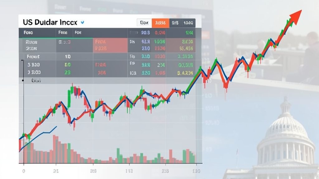 A graph showing the US dollar index with a upward trend, along with a background image of a stock market screen displaying forex rates and a subtle image of the Federal Reserve building in the corner.